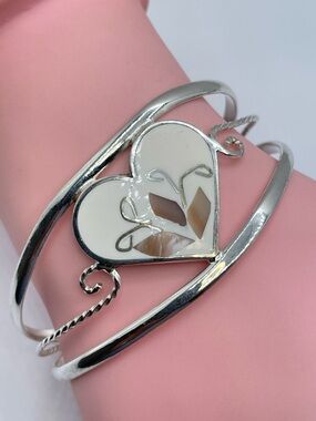 Vintage Mexico Mother of Pearl Heart Cuff Bracelet Silver Enamel Southwestern